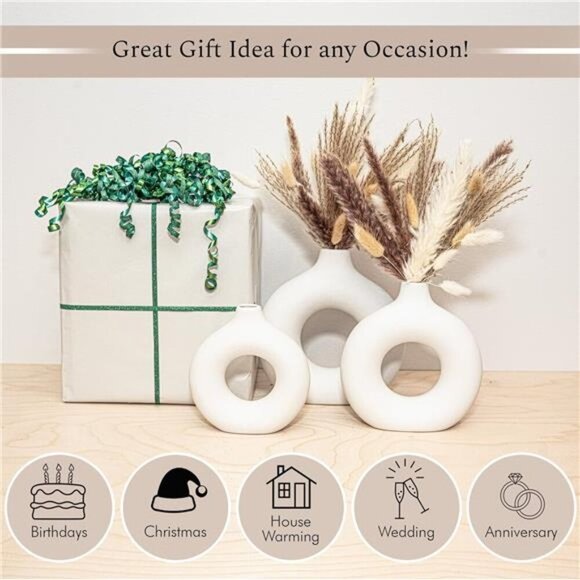 White Ceramic Vases with Dried Pampas Grass Set Home Decor Boho Room Gift - Picture 7 of 8